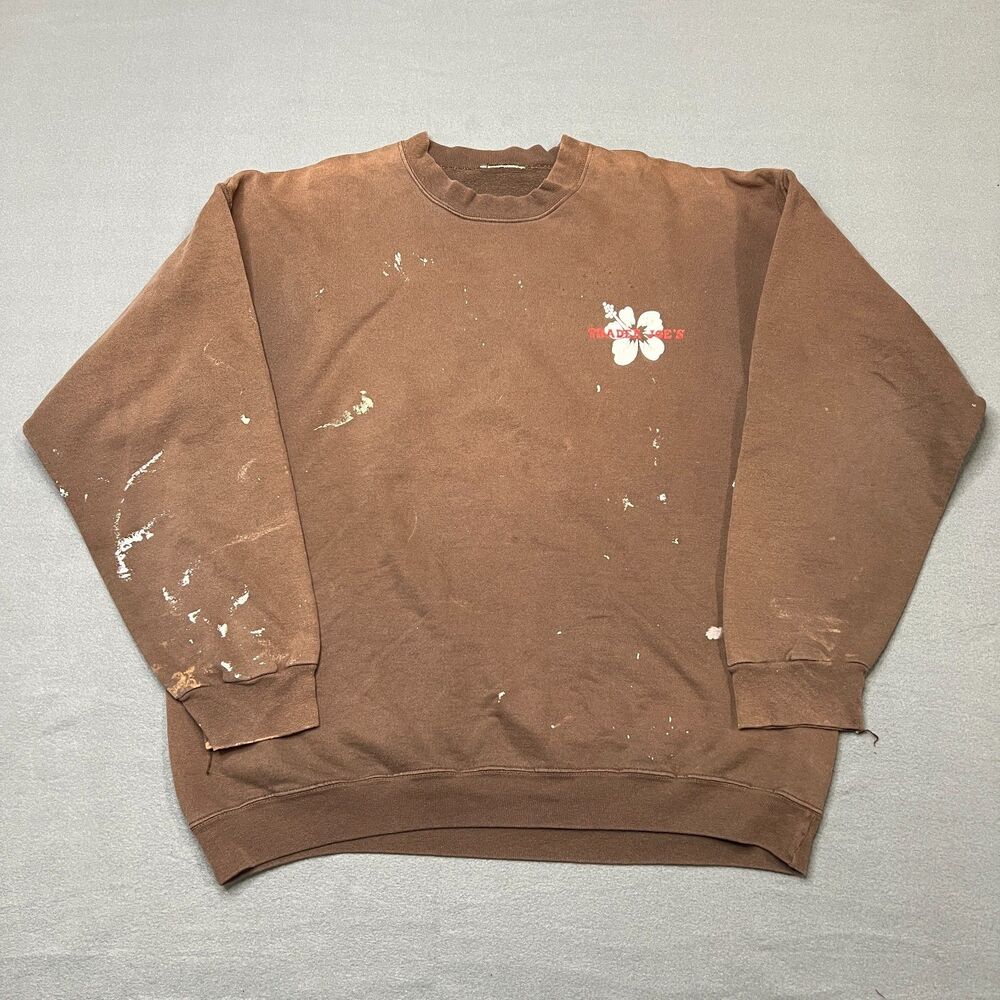 Vintage Trader Joe's Sweatshirt Mens XL Brown Hibiscus Thrashed Splatter